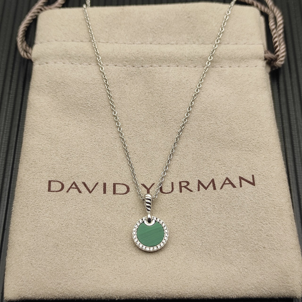 David Yurman Silver round diamond peacock green necklace